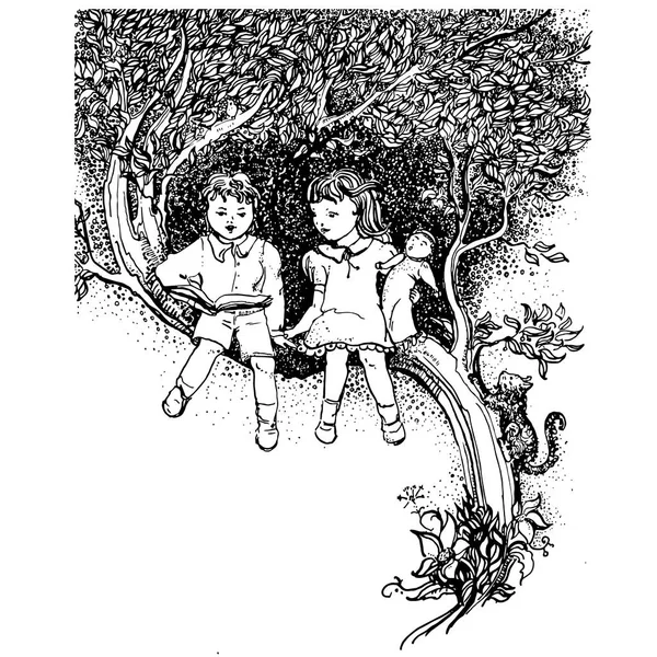 아이들은 나무에 앉아 책의 꿈을 읽습니다. 소년과 소녀는 세상을 배운다. 포스터 또는 카드 디자인을 위해 편집하기 쉬운 흑백 벡터 일러스트레이션. — 스톡 벡터