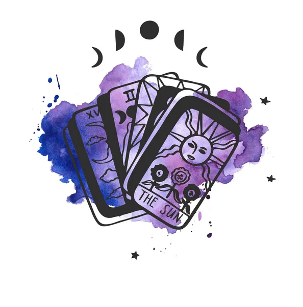 Tarot kartları simgesi. Siyah ve beyaz büyü sembolü stok vektör çizimi. Gizemli mürekkep arkaplanı.