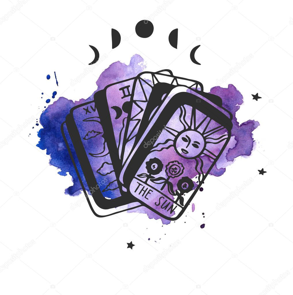 Tarot cards icon in black style. Black and white magic symbol stock vector illustration. Stylish mysterious ink background.