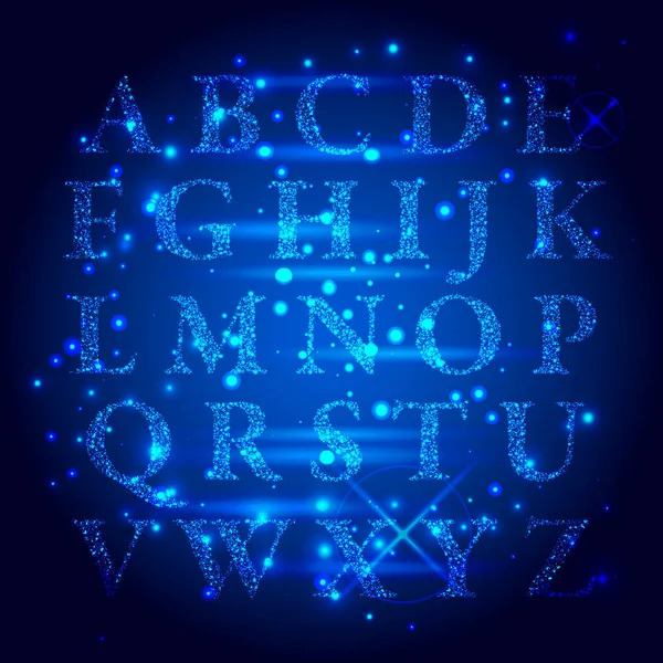 Techno-Schrift-Alphabet. Digitale Buchstaben, Zahlen und Symbole im High-Tech-Stil auf dunklem Hintergrund. — Stockvektor