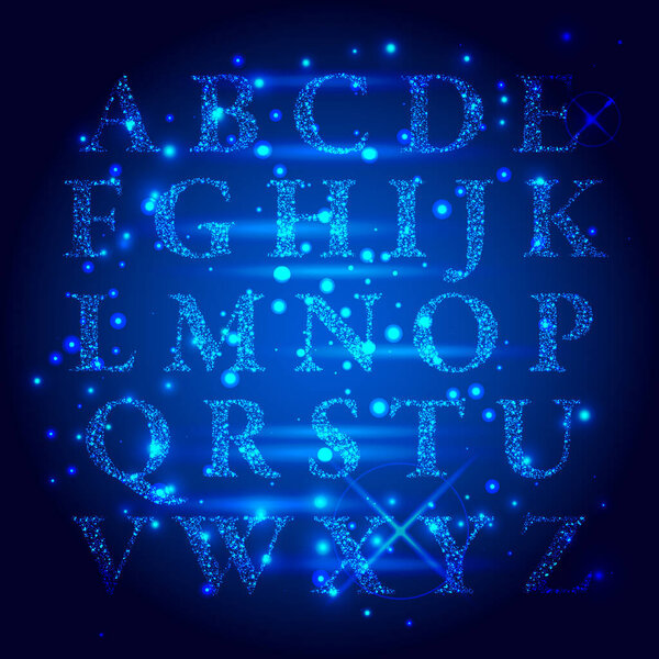 Алфавит шрифта Techno. Цифровые буквы, цифры и символы в стиле хай-тек на темном фоне.