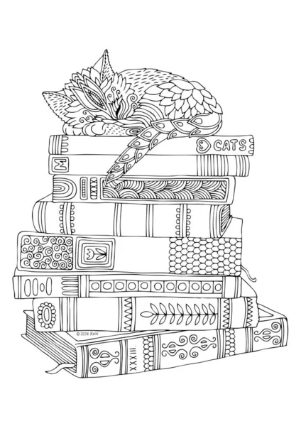 Kitty Sleeps Stack Books Hand Drawn Picture Sketch Stress Adult — Stock Vector