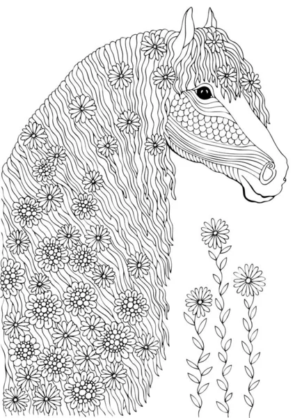 Cavallo Con Fiori Disegnato Mano Schizzo Libro Colorare Adulti Stress — Vettoriale Stock