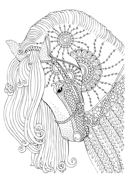 Cavallo Disegnato Mano Schizzo Libro Colorare Adulti Stress Stile Zen — Vettoriale Stock