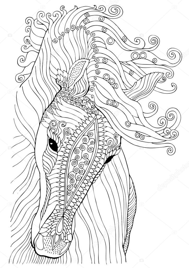Horse. Hand drawn picture. Sketch for anti-stress adult coloring book in zen-tangle style. Vector illustration for coloring page.