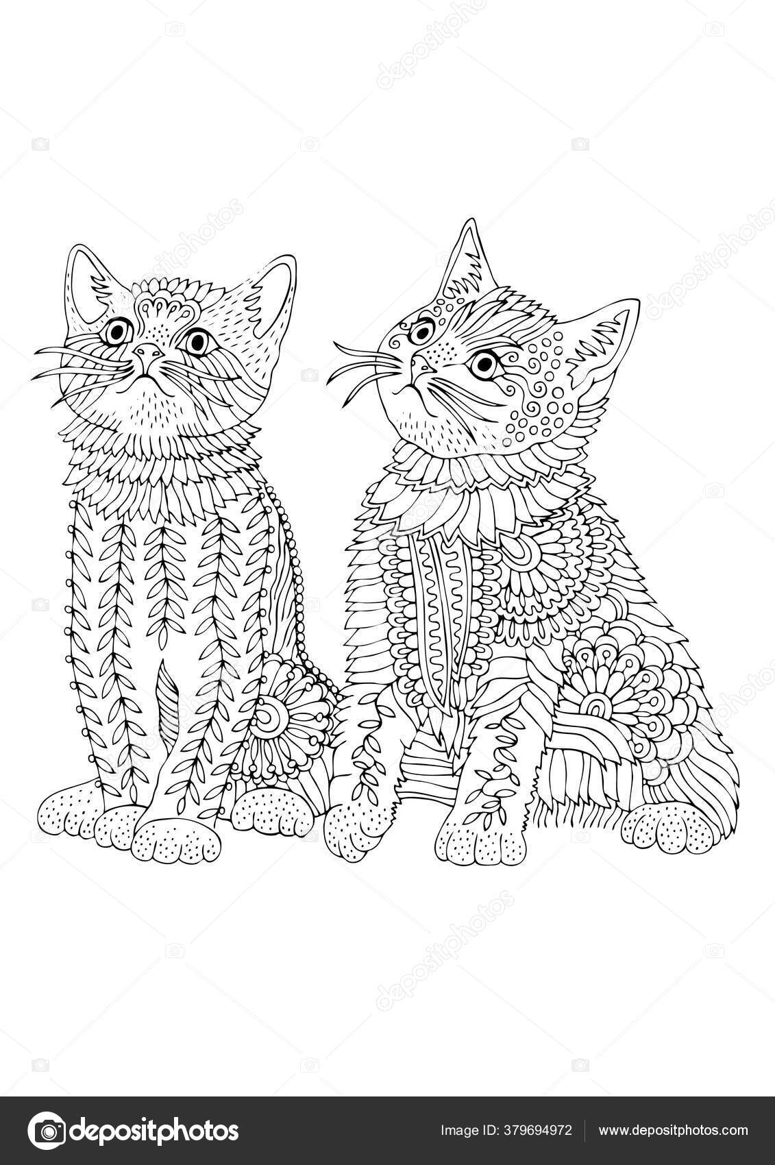 Arte de linha de casal de gatos para colorir página esboço desenhado à mão  de gato casal de gatos esboço desenho de gato