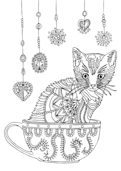 Gatito Dibujado Mano Bosquejo Para Libro Para Colorear Adulto Estrés — Vector de stock