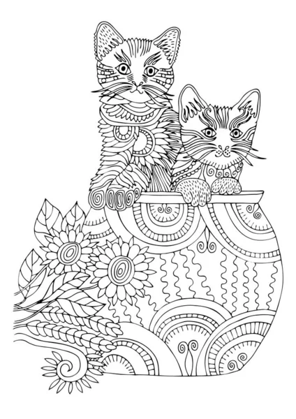 Gatos Lindos Dibujados Mano Bosquejo Para Libro Para Colorear Adulto — Vector de stock