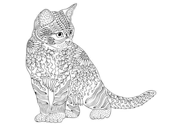 Gato Dibujado Mano Bosquejo Para Libro Para Colorear Adulto Estrés — Vector de stock