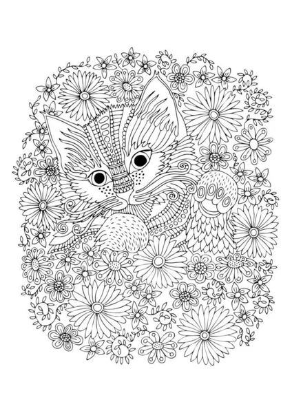 Met Hand Getekend Kat Bloemen Schets Voor Stress Volwassen Kleurboek — Stockvector