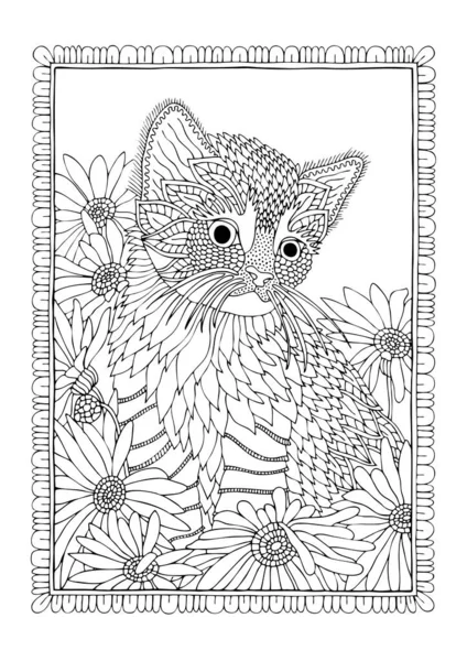 Gatto Disegnato Mano Fiori Schizzo Libro Colorare Adulti Stress Stile — Vettoriale Stock