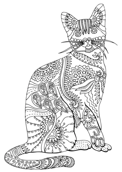 Gatto Disegnato Mano Schizzo Libro Colorare Adulti Stress Stile Zen — Vettoriale Stock