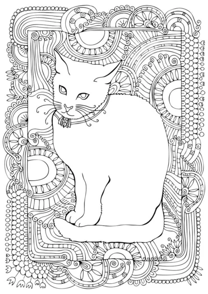 Gatto Disegnato Mano Schizzo Libro Colorare Adulti Stress Stile Zen — Vettoriale Stock