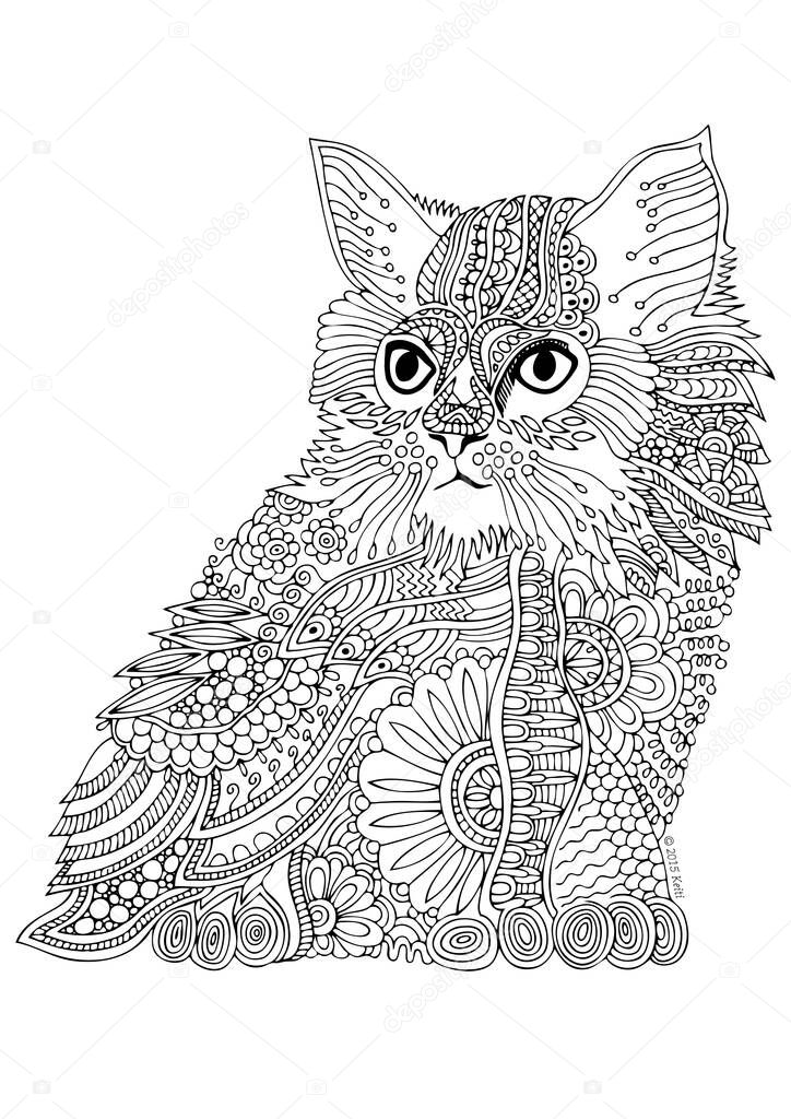 Hand drawn cat. Sketch for anti-stress adult coloring book in zen-tangle style. Vector illustration for coloring page.