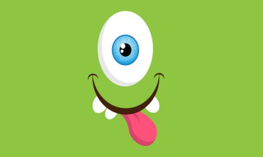 Çizgi film canavarı yüzü, yeşil renk. Beyaz arkaplanda izole edilmiş vektör illüstrasyonu..