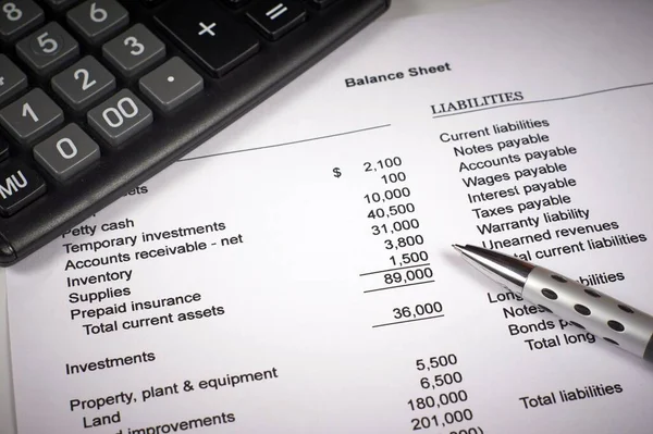 balance sheet on a white sheet of paper, calculator and pen