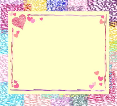 Soyut vektör parlak renk, açık pembe arkaplan ve boş çerçeve. Moda kartları tasarlamak için kalplerle birlikte doğrusal el yapımı geometrik kompozisyon, tebrikler, davetiyeler, defterler, kitaplar