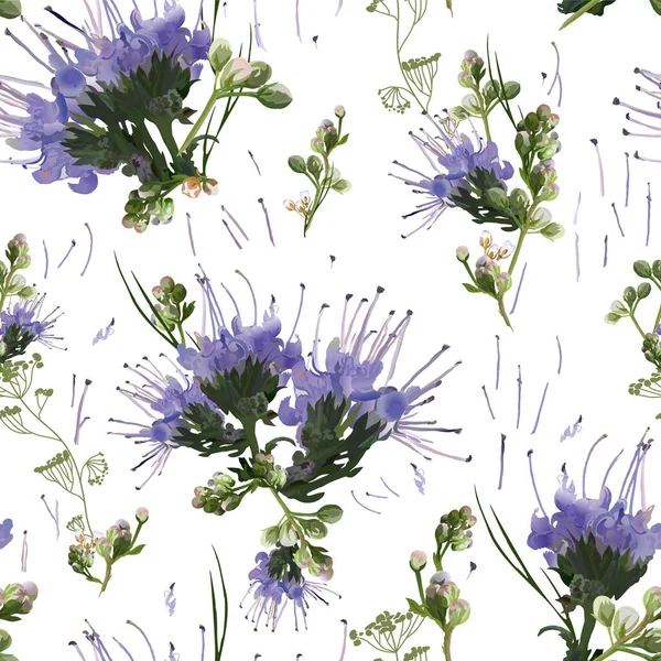 フィールドブルーの植物と繊細な花のパターン。白い背景にランダムに散在花とシームレスなベクトル。織物、寝具、織物、壁紙、タイルのための — ストックベクタ