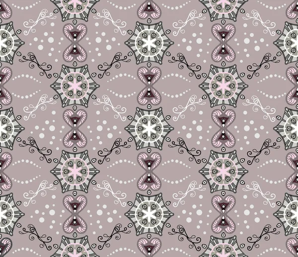 Романтический геометрический абстрактный шаблон. Бесшовный вектор с различными серыми, розовыми и бордовыми элементами на фиолетовом фоне. Для текстиля, модной печати, мягкой мебели, обоев, плитки — стоковый вектор