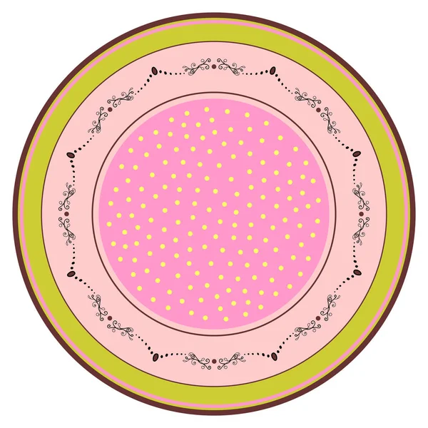 Cute kolorowy okrągły abstrakcyjny wzór. Płyta z paskami i wzorami. Wektor o różowym, bordowym i czarnym kolorze na zielonym i różowym tle. Do porcelany, wykwintne naczynia kuchenne — Wektor stockowy