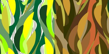 Vektör. Soyut, dikişsiz, çok renkli çimenli çift desenli, parlak, toprak arkaplan. Tekstil, duvar kağıdı, kart, davetiye ve kutlamaların tasarımı için eğilim ve çiçek unsurları