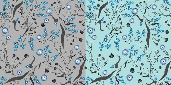 ベクトル。灰色と青の背景にシームレスで穏やかな、線形、春、夏、隔離された二重パターン。織物、壁紙、カードのデザインのためのトレンドと花の要素 — ストックベクタ