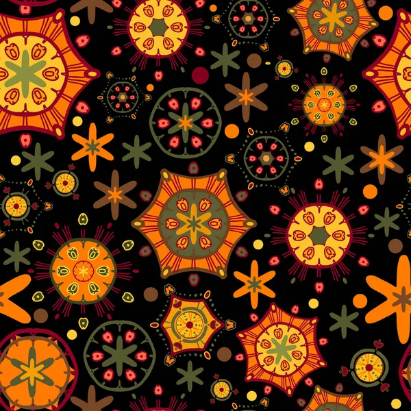 Helle, kontrastreiche, abstrakte Muster. Nahtloser Vektor mit verschiedenen orangen, gelben und grünen Elementen auf schwarzem Hintergrund. Zufällig verstreute Gegenstände. Für Textilien, Modedrucke, Möbelbezüge — Stockvektor