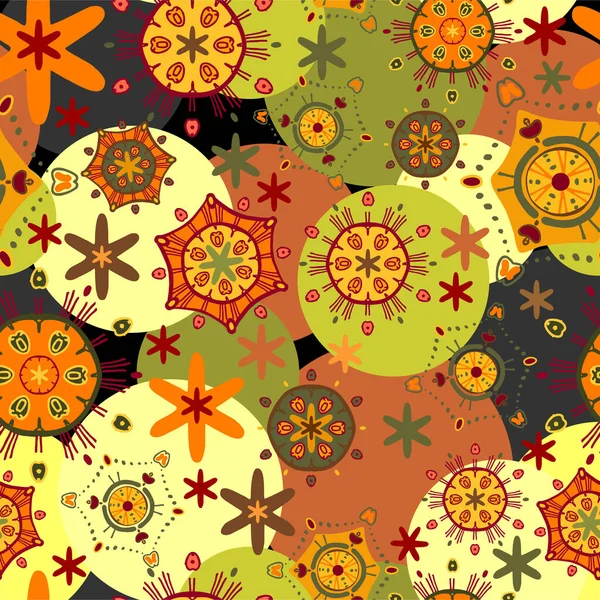 Летняя абстрактная модель. Бесшовный вектор с различными оранжевыми, желтыми и зелеными элементами на фоне разноцветных кругов. Элементы разбросаны случайным образом. Для текстиля, модные принты — стоковый вектор