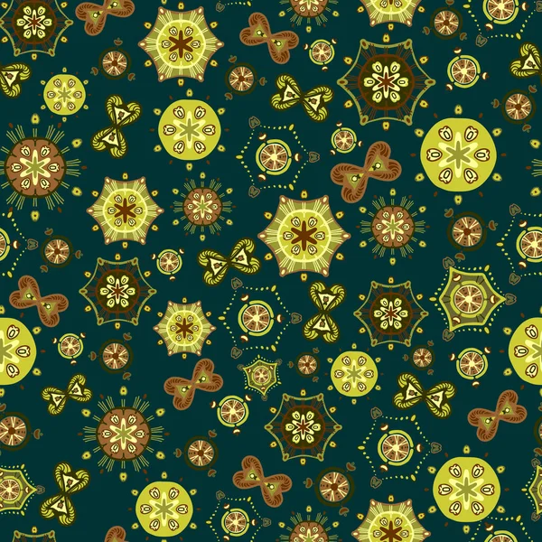 Hell gesättigte abstrakte Muster. Nahtloser Vektor mit verschiedenen gelben, grünen und braunen Elementen auf dunkelgrünem Hintergrund. Für Textilien, modische Drucke, Polstermöbel, Kinder — Stockvektor