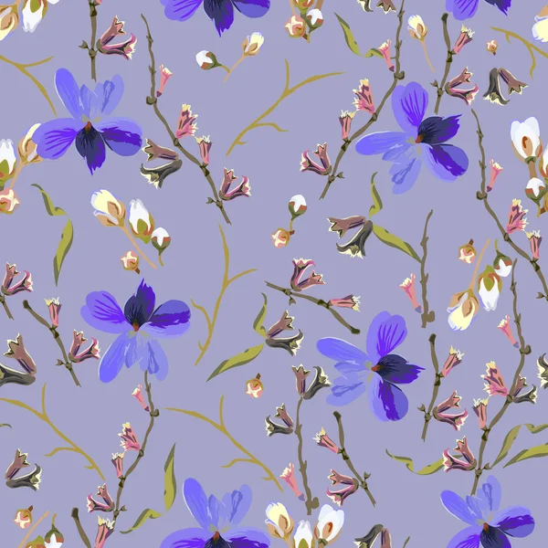 花抽象的なシームレスベクトル分離パターン。青を基調としたトレンディーなオーガニックアートスタイル。背景、織物、壁紙、ポストカード、陶器のデザインのための春、夏のフィールドプラント — ストックベクタ