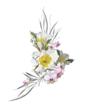 Beyaz arka planda beyaz zambak ve orkidelerden oluşan pembe ve beyaz çiçekli romantik, izole bir buket. Tropikal bitkiler, yapraklar, gövdeler, dallar, siluetler içeren vektör