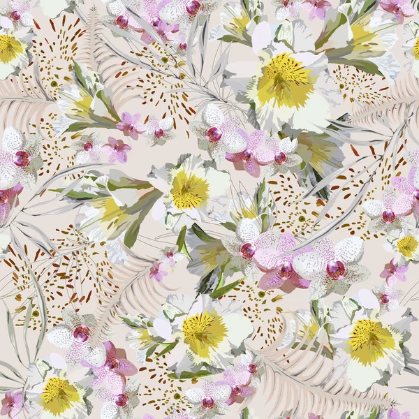 Tropical motif exquis sans couture avec des fleurs blanches d'orchidées et de lis sur un fond blanc. Vecteur avec éléments de plantes tropicales, feuilles de fougère, tiges, branches, silhouettes éparpillées — Image vectorielle