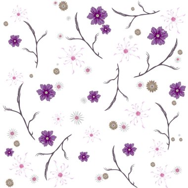 Çiçeksel soyut, dikişsiz vektör izole kalıbı. Beyaz arka planda moda sanat tarzı. Bahar, yaz bitkileri arka plan, tekstil, duvar kağıdı, kartpostallar, seramik tasarımı için.