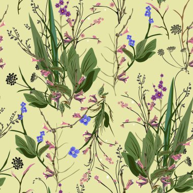 Çiçeksel soyut, dikişsiz vektör izole kalıbı. Yeşil arka planda moda sanat tarzı. Bahar, yaz bitkileri arka plan, tekstil, duvar kağıdı, kartpostallar, seramik tasarımı için.