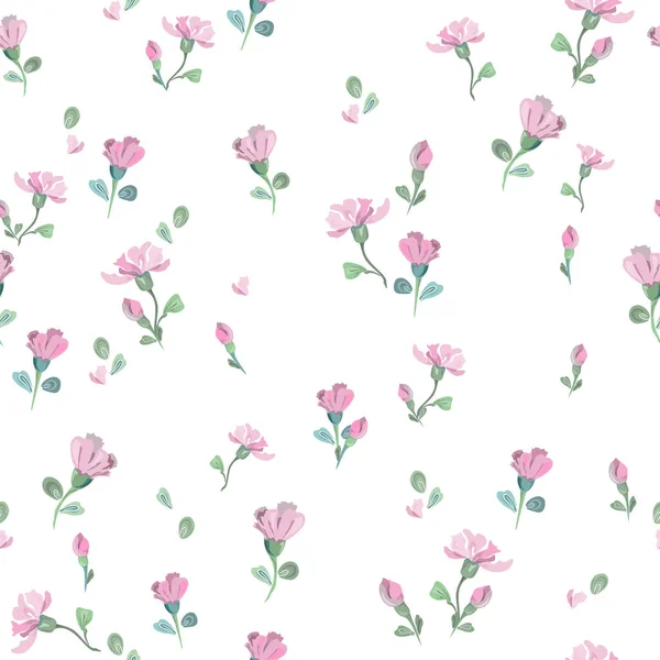 Délicat motif romantique avec de petites fleurs roses et des bourgeons sur un fond blanc. Vecteur sans couture avec des éléments floraux disposés au hasard. Pour textile, papier peint, carrelage — Image vectorielle