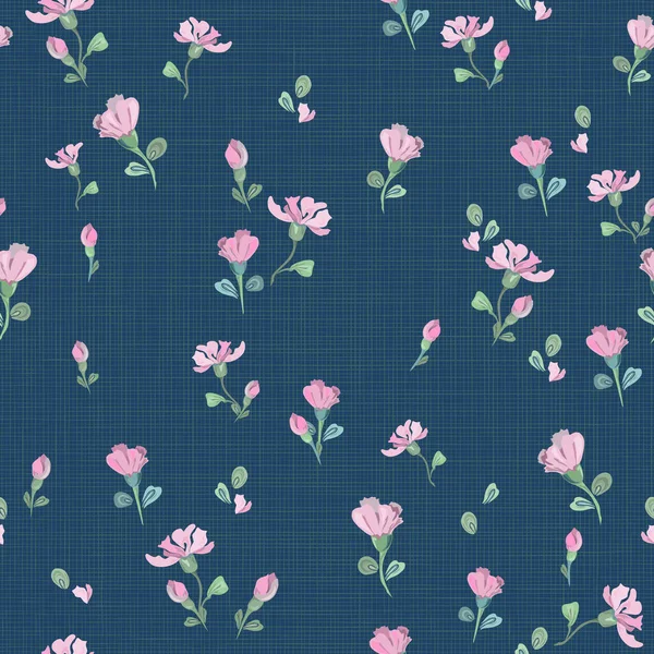 Modèle en jean avec de petites fleurs roses et des bourgeons sur un fond bleu avec texture. Vecteur sans couture avec des éléments floraux mignons disposés au hasard. Pour textile, papier peint, carrelage — Image vectorielle
