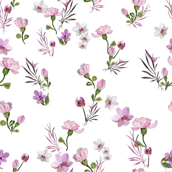 Délicat motif floral mignon avec de petites fleurs roses d'orchidées, violettes, roses et bourgeons sur un fond blanc. Vecteur sans couture avec des éléments botaniques disposés au hasard. Pour textile, papier peint, carrelage — Image vectorielle