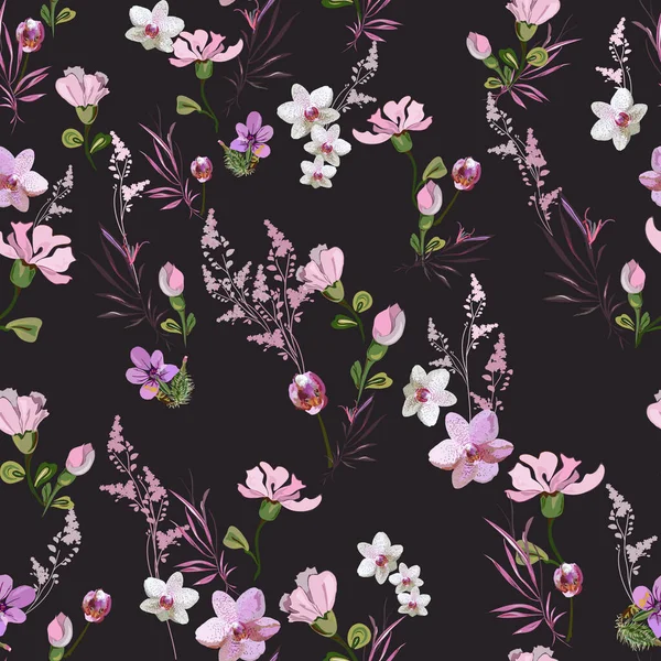 暗色の背景に蘭、スミレ、バラ、蕾の小さなピンク色の花を持つ明るい花模様。ランダムに配置された様々な植物要素を持つシームレスなベクトル。繊維、壁紙、タイルの場合 — ストックベクタ