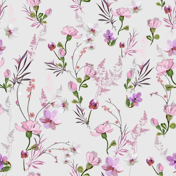 Mignon motif floral avec de petites fleurs roses d'orchidées, violettes, roses et bourgeons sur un fond clair. Vecteur sans couture avec divers éléments botaniques disposés au hasard. Pour textile, papier peint, carrelage — Image vectorielle