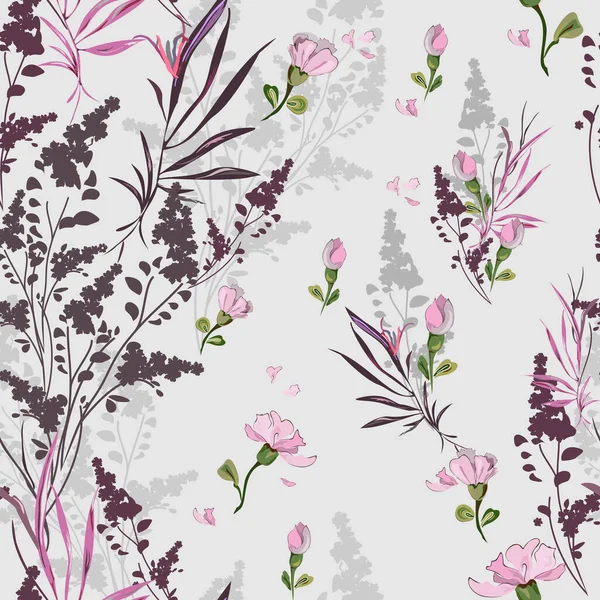 Lindo patrón floral con muchas variedades de elementos sobre un fondo lila. Vector sin costuras con siluetas, y dibujos de flores, tallos y hojas dispuestos al azar. Para textiles, papel pintado, baldosas — Vector de stock