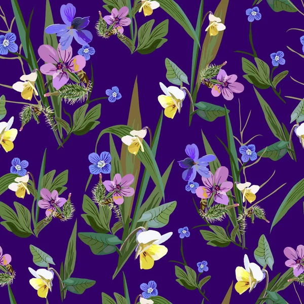 Ljust blommigt abstrakt sömlöst vektorisolerat mönster. Trendig konst stil på en mörkblå bakgrund. Våren, sommar fält växter för utformning av bakgrunder, textilier, tapeter, vykort, keramik — Stock vektor