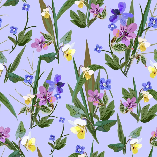 明るい花の抽象的なシームレスなベクトル分離パターン。青を基調としたトレンディーなアートスタイル。背景、織物、壁紙、ポストカード、陶器のデザインのための春、夏のフィールドプラント — ストックベクタ
