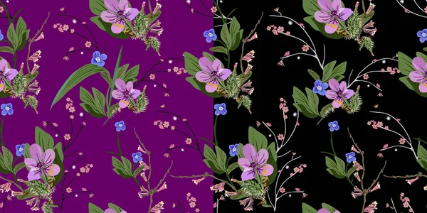 フラワーセット。シームレスなベクトル分離パターン。紫と黒の背景に流行のアートスタイル。背景、織物、壁紙、ポストカード、陶器のデザインのための春、夏のフィールドプラント — ストックベクタ