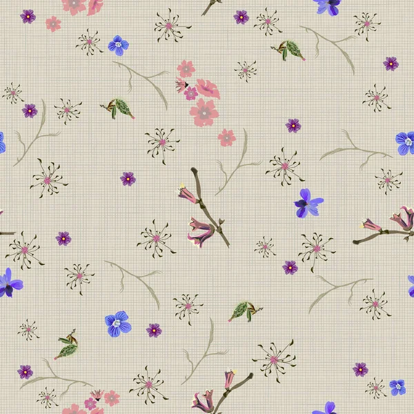 Floral abstrait vecteur sans couture modèle isolé. Style d'art à la mode sur un fond texturel. Printemps, plantes de champ d'été pour la conception de milieux, textiles, papier peint, cartes postales, céramique — Image vectorielle