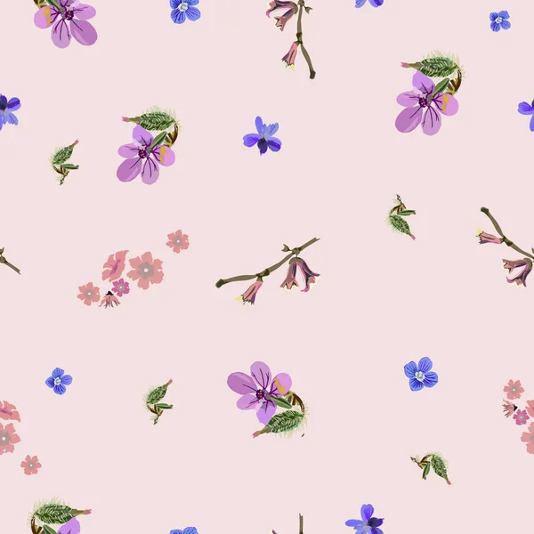 Floral abstrato padrão sem costura vetor isolado. Estilo de arte na moda em um fundo rosa. Primavera, plantas de campo de verão para o design de fundos, têxteis, papel de parede, cartões postais, cerâmica —  Vetores de Stock