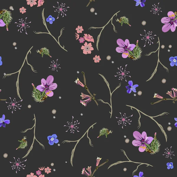 Floral abstrait vecteur sans couture modèle isolé. Style d'art à la mode sur fond noir. Printemps, plantes de champ d'été pour la conception de milieux, textiles, papier peint, cartes postales, céramique — Image vectorielle