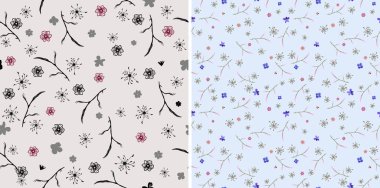 Çiçekli ikili set. Kusursuz vektör izole kalıbı. Gri ve mavi arka planda moda sanat tarzı. Bahar, yaz bitkileri arka plan, tekstil, duvar kağıdı, kartpostallar, seramik tasarımı için.