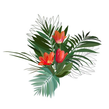 Çiçekli vektör, tropikal yapraklar ve lalelerden oluşan tek buketi izole etti. Beyaz arka planda moda sanat tarzı. Bahar, yaz, parlak ve mevsimlik bitkiler arka plan, tekstil dekorasyonu için