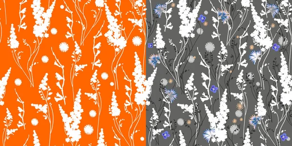 Florales Doppelset. Nahtlose vektorisolierte Einzelmuster. Trendiger Kunststil auf orangefarbenem und grauem Hintergrund. Frühling, Sommer Feldpflanzen für die Gestaltung von Hintergründen, Textilien, Tapeten, Postkarten — Stockvektor