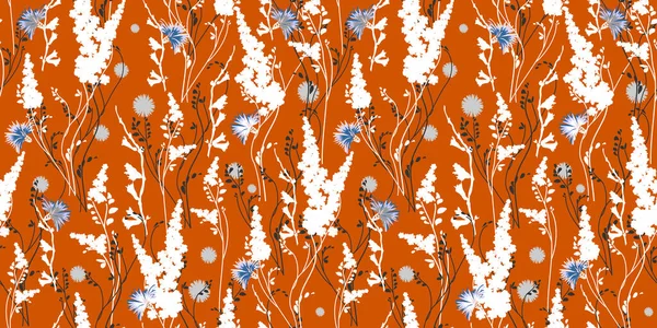 Абстрактный цветочный бесшовный векторный изолированный рисунок. Модный художественный стиль на оранжевом фоне. Весенние, летние полевые растения для оформления фонов, текстиля, обоев, открыток, керамики — стоковый вектор